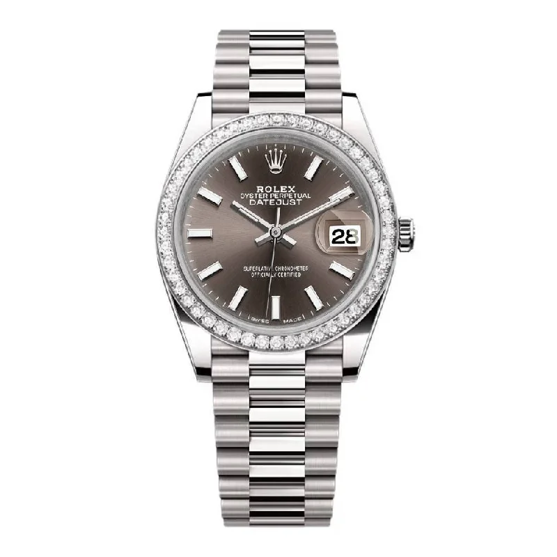 Rolex Lady-Datejust 28mm - Ref: 279136RBR dkgip - Grey Stick Dial & Diamond Bezel, Platinum Presidential Bracelet Women's Watch-Rolex Yacht-Master 40mm Watch