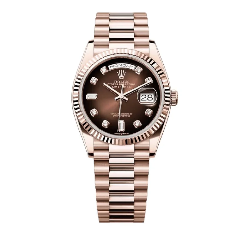 Rolex Day Date 36mm - Ref: 128235-0037 - Brown Ombre Diamond Dial & Fluted Bezel, 18K Rose Gold President Bracelet Watch-Rolex Day-Date 36mm Diamond Dial Watch