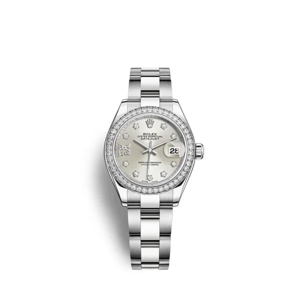 Rolex Lady-Datejust 28mm - Ref: 279384rbr-0022 - Silver Diamond Dial & Diamond Bezel, Stainless Steel Oyster Bracelet Women's Watch-Rolex Cosmograph Daytona Ceramic Bezel Watch