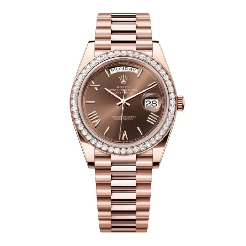 Rolex Day Date 40mm - Ref: 228345rbr-0009 - Chocolate Roman Dial & Diamond Bezel, 18K Rose Gold President Bracelet Men's Watch-Rolex GMT-Master II 126710BLRO Pepsi Bezel Watch