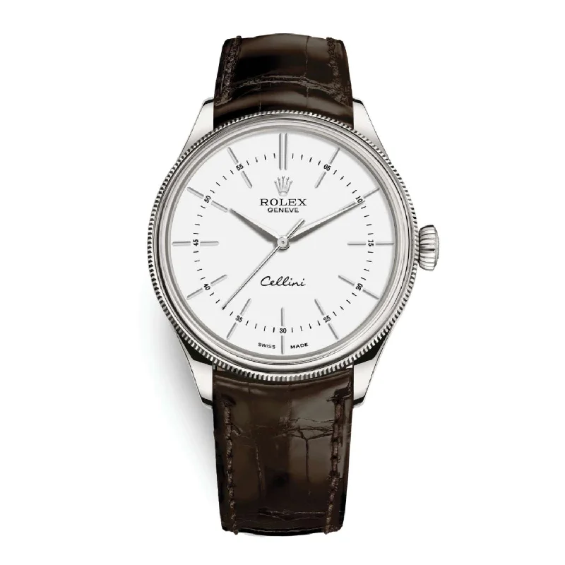 Rolex Cellini Time 39mm - Ref: 50509-0017 - White Index Dial, Domed & Fluted Double Bezel, 18K White Gold & Tobacco Brown Leather Strap Watch-Rolex Day-Date 40mm Diamond Dial Watch