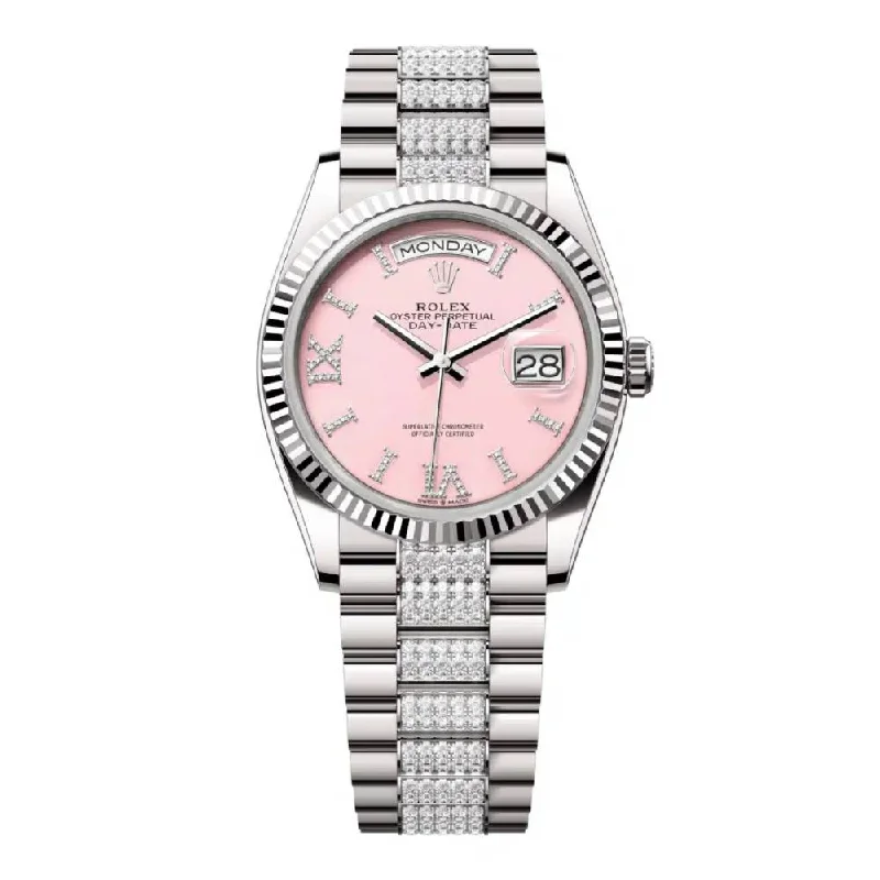 Rolex Day Date 36mm - Ref: 128239-0030 - Pink Opal Diamond Dial & Fluted Bezel, 18K White Gold & Diamonds President Bracelet Watch-Rolex Milgauss Green Crystal Watch