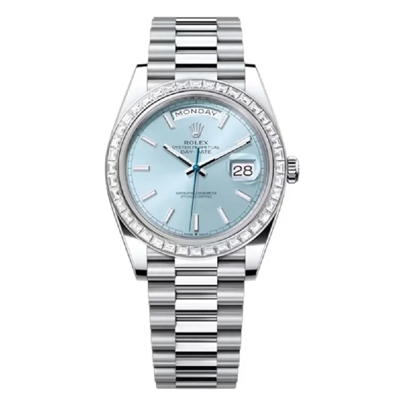 Rolex Day Date 40mm - Ref: 228396TBR - Ice Blue Stick Dial & Diamond Bezel, Platinum President Bracelet Men's Watch-Rolex Oyster Perpetual 34mm Watch