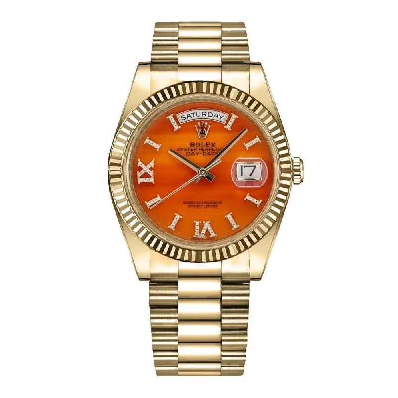 Rolex Day Date 36mm - Ref: 128238 - Carnelian Orange Roman Diamond Dial & Fluted Bezel, 18K Yellow Gold President Bracelet Watch-Rolex Explorer II 42mm Watch