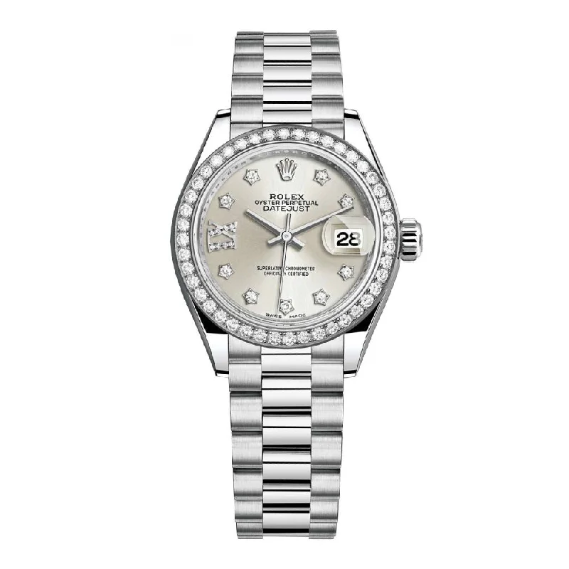 Rolex Lady-Datejust 28mm - Ref: 279136RBR s9dix8dp - Silver Diamond Dial & Diamond Bezel, Platinum Presidential Bracelet Women's Watch-Rolex Submariner 16610LV Watch