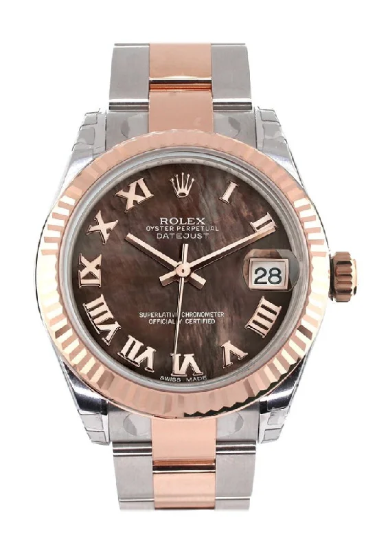 Rolex Datejust 31 Black Mother of Pearl Roman Dial Fluted Bezel 18K Rose Gold Two Tone Ladies Watch 178271 Pre-owned-Rolex Datejust 116234 Watch