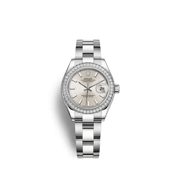 Rolex Lady-Datejust 28mm - Ref: 279384rbr-0008 - Silver Stick Dial & Diamond Bezel, Stainless Steel Oyster Bracelet Women's Watch-Rolex Submariner Blue Dial Watch