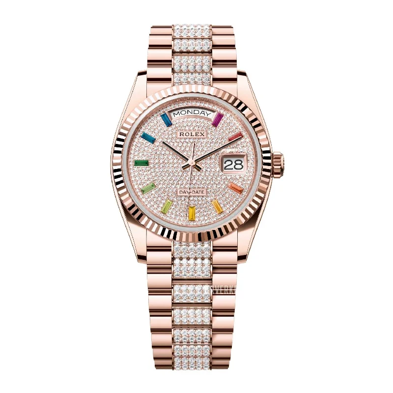 Rolex Day Date 36mm - Ref: 128235-0040 - Pave Rainbow Diamond Dial & Fluted Bezel, 18K Rose Gold & Diamonds President Bracelet Watch-Rolex Explorer 2 Watch