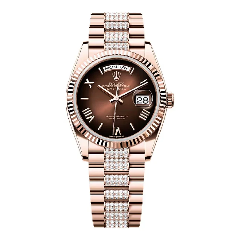 2024 Release Rolex Day-Date 36 mm | 18k Everose gold Diamond President bracelet | Brown ombré dial Fluted bezel | Men's Watch 128235-Rolex Day-Date Yellow Gold Watch