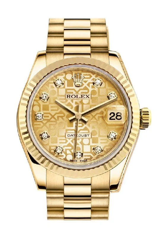 Rolex Datejust 31 Champagne Jubilee Diamond Dial Fluted Bezel 18K Yellow Gold President Ladies Watch 178278 Pre-owned-Rolex Explorer II 216570 Watch