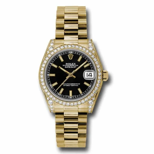 Rolex Datejust 31mm - Ref: 178158 bkip - Black Dial & Diamond Bezel, 18K Yellow Gold President Bracelet Women's Watch-Rolex Day-Date Yellow Gold Watch