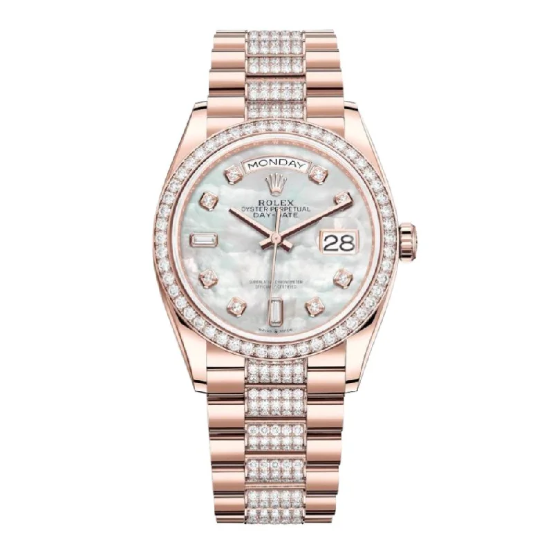 Rolex Day Date 36mm - Ref: 128345rbr-0030 - White Mother of Pearl Diamond Dial & Diamond Bezel, 18K Rose Gold & Diamonds President Bracelet Watch-Rolex Yacht-Master 40mm Two-Tone Watch