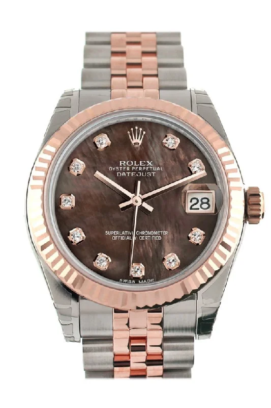 Rolex Datejust 31 Black Mother of Pearl Diamond Dial Fluted Bezel 18K Rose Gold Two Tone Jubilee Ladies Watch 178271 Pre-owned-Rolex Day-Date 36mm Watch