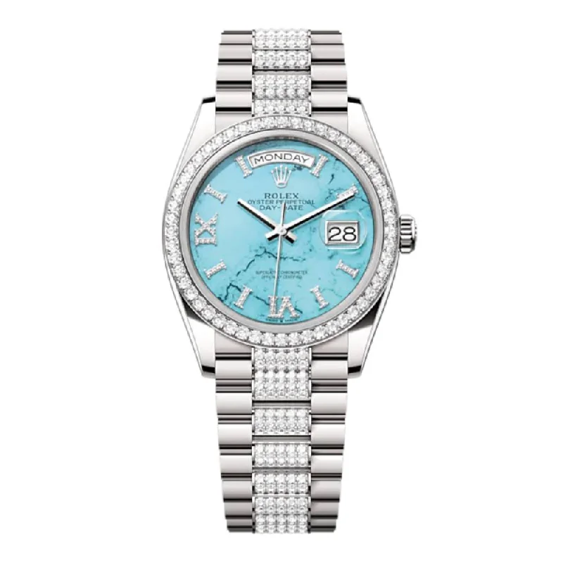 Rolex Day Date 36mm - Ref: 128349RBR - Tiffany Blue Turquoise Diamond Dial & Diamond Bezel, 18K White Gold & Diamonds President Bracelet Watch-Rolex Day-Date 36mm Watch