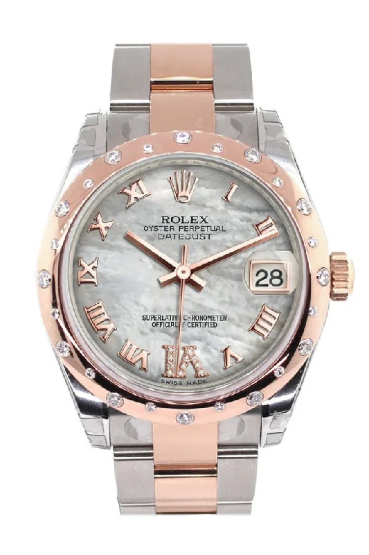 Rolex Datejust 31 White Mother of Pearl Roman Large VI Diamond Dial Diamond Bezel 18K Rose Gold Two Tone Ladies Watch 178341 Pre-owned-Rolex Datejust Women’s Watch