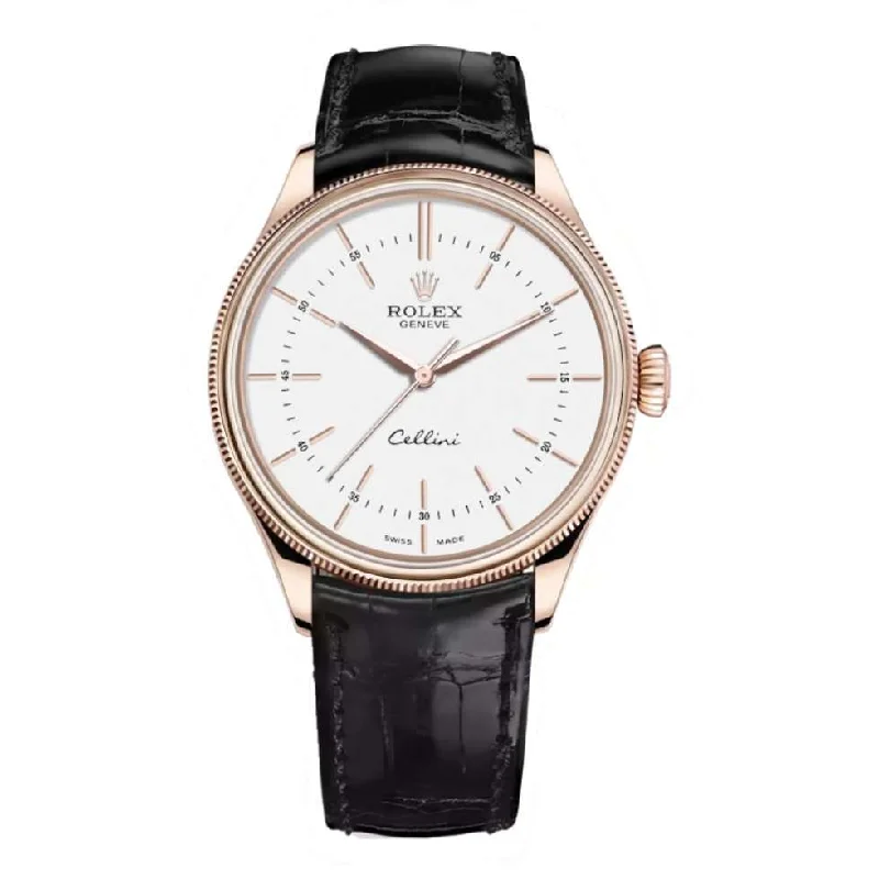 Rolex Cellini Time 39mm - Ref: 50505-0021 - White Index Dial, Domed & Fluted Double Bezel, 18K Rose Gold & Black Leather Strap Watch-Rolex Submariner 116610LN Black Dial Watch