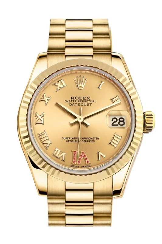 Rolex Datejust 31 Champagne Large VI Rubies Dial Fluted Bezel 18K Yellow Gold President Ladies Watch 178278 Pre-owned-Rolex Cosmograph Daytona 116515LN Rose Gold Watch