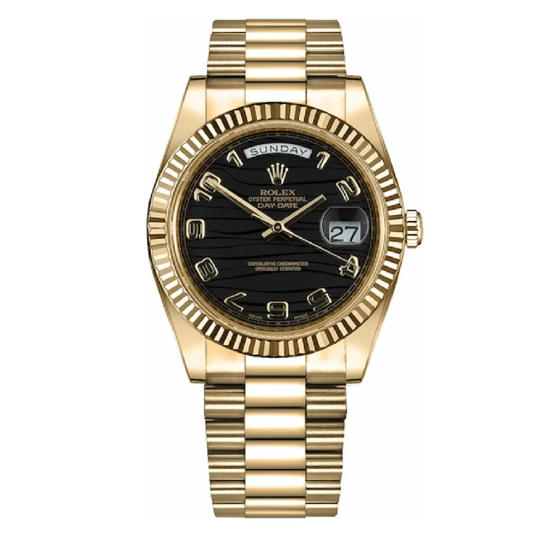 Rolex Day Date II 41mm - Ref: 218238 - Black Wave Motif Dial & Fluted Bezel, 18K Yellow Gold President Bracelet Men's Watch-Rolex GMT-Master II Green Dial Watch