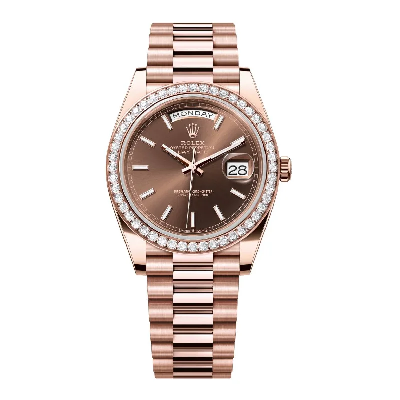 2024 Release Rolex Day-Date 40 mm | 18k Everose gold President bracelet | Chocolate dial Diamond bezel | Men's Watch 228345RBR-Rolex Day-Date 40mm Platinum Watch