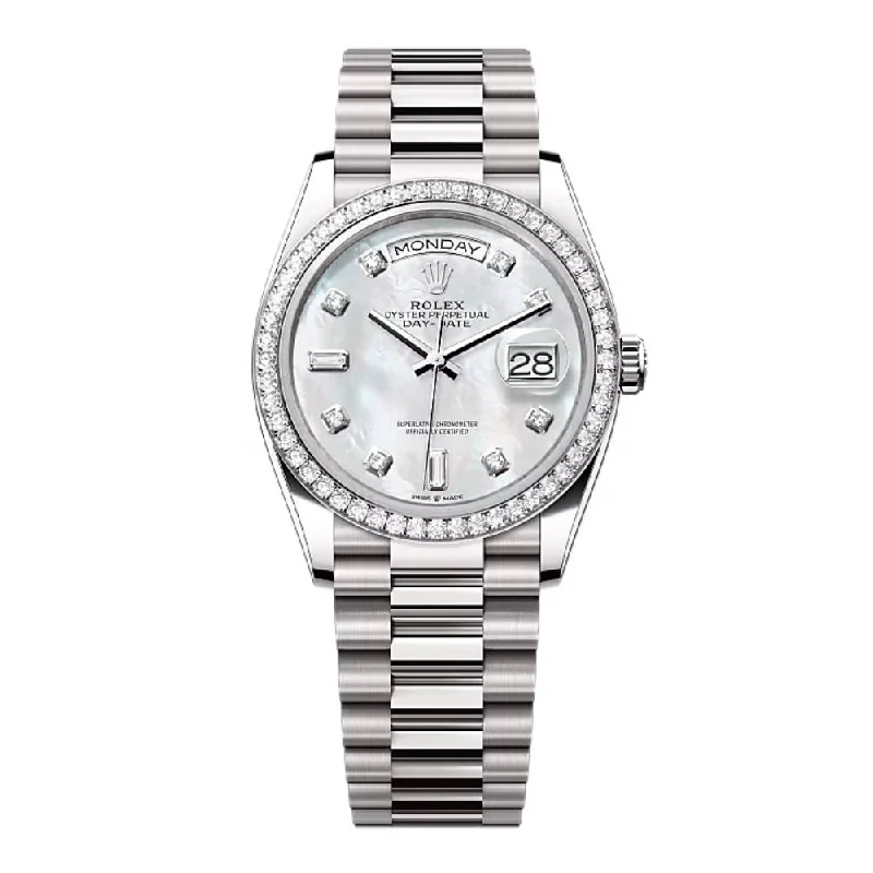 Rolex Day Date 36mm - Ref: 128349rbr-0004 - White Mother of Pearl Diamond Dial & Diamond Bezel, 18K White Gold President Bracelet Watch-Rolex Oyster Perpetual Watch