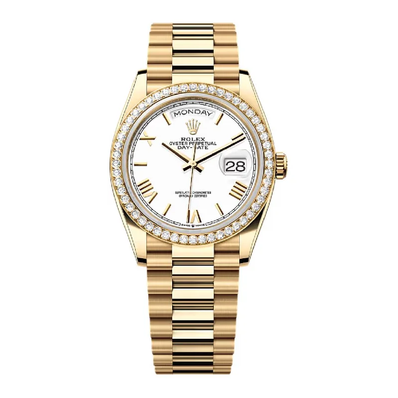 2024 Release Rolex Day-Date 36mm - Ref: 128348rbr-0064 - White Roman Dial & Diamond Bezel, 18K Yellow Gold Presidential Bracelet Watch-Rolex Explorer 2 Watch