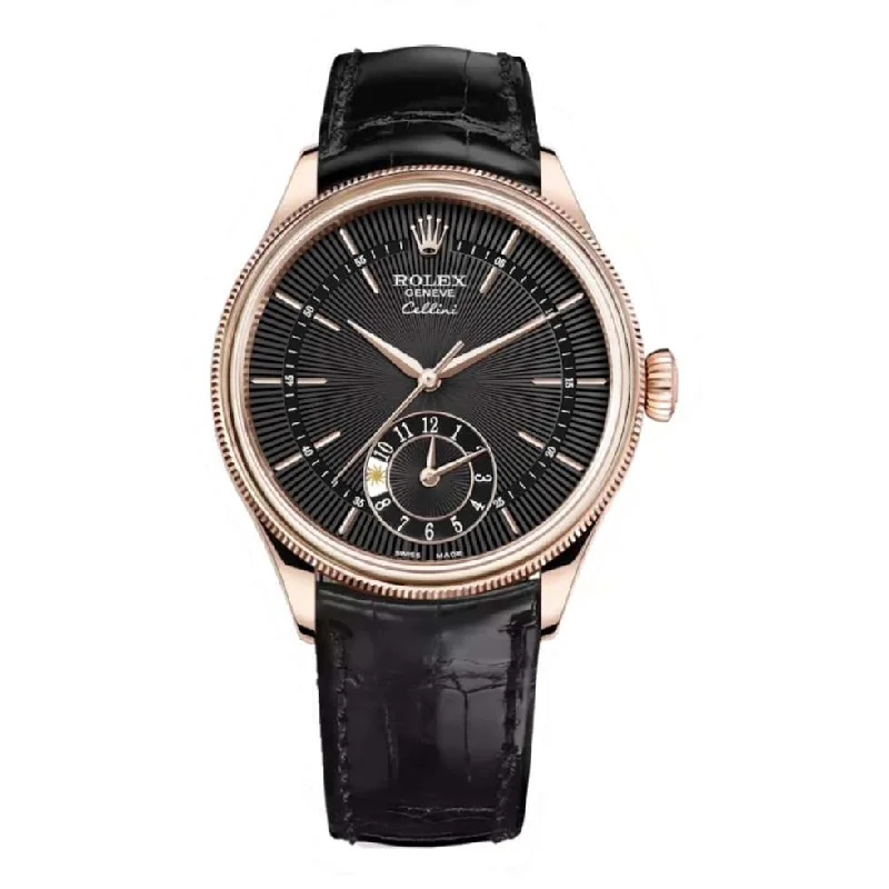 Rolex Cellini Dual Time 39mm - Ref: 50525-0011 - Black Guilloche Index Dial, Domed & Fluted Double Bezel, 18K Rose Gold & Black Leather Strap Watch-Rolex Datejust 116234 Black Dial Watch