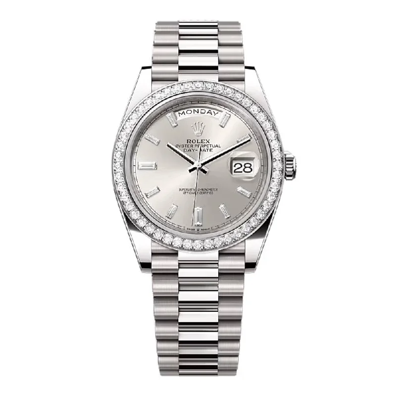 Rolex Day Date 36mm - Ref: 228349rbr-0001 - Silver Diamond Stick Dial & Diamond Bezel, 18K White Gold President Bracelet Watch-Rolex Sea-Dweller Deepsea Watch