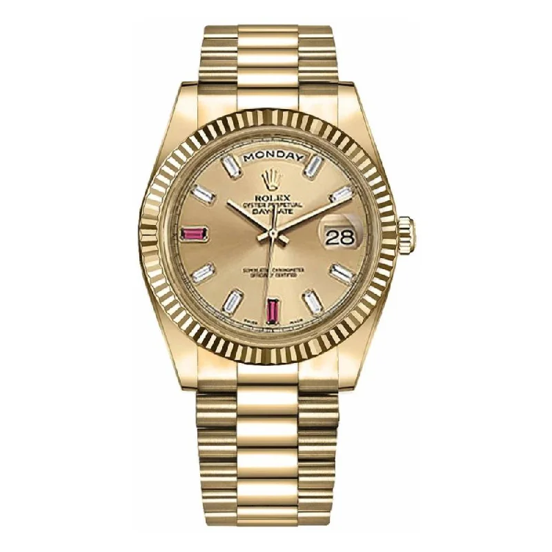 Rolex Day Date II 41mm - Ref: 218238 - Champagne Roman Dial & Fluted Bezel, Diamond / Ruby Dial & Fluted Bezel, 18K Yellow Gold President Bracelet Men's Watch-Rolex Submariner No Date Watch