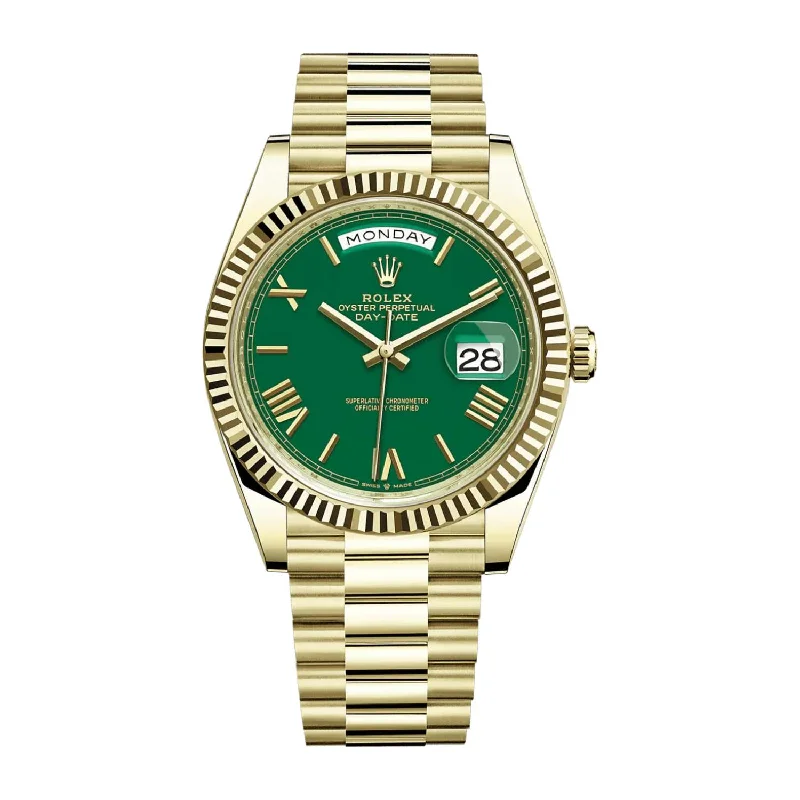 Rolex Day Date 40mm - Ref: 228238 - Green Lacquered Roman Dial & Fluted Bezel, 18K Yellow Gold President Bracelet Men's Watch-Rolex Day-Date 36mm Watch