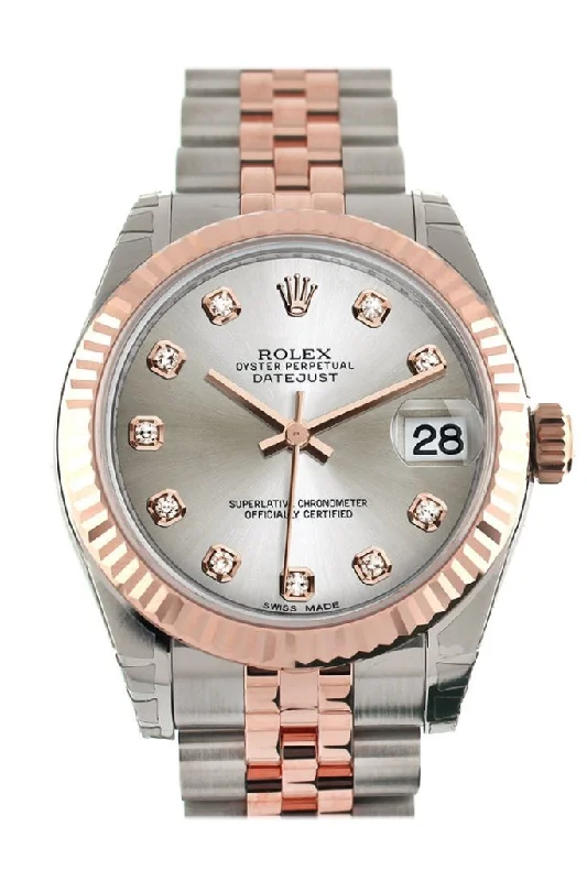 Rolex Datejust 31 Silver Diamond Dial  Fluted Bezel 18K Rose Gold Two Tone Jubilee Ladies Watch 178271 Pre-owned-Rolex Day-Date Yellow Gold Watch