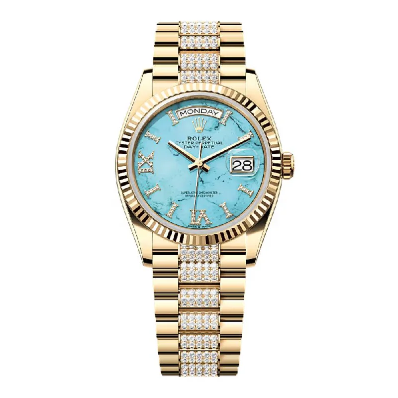 Rolex Day Date 36mm - Ref: 128238-0072 - Tiffany Blue Turquoise Roman Diamond Dial & Fluted Bezel, 18K Yellow Gold & Diamonds President Bracelet Watch-Rolex Submariner Blue Dial Watch