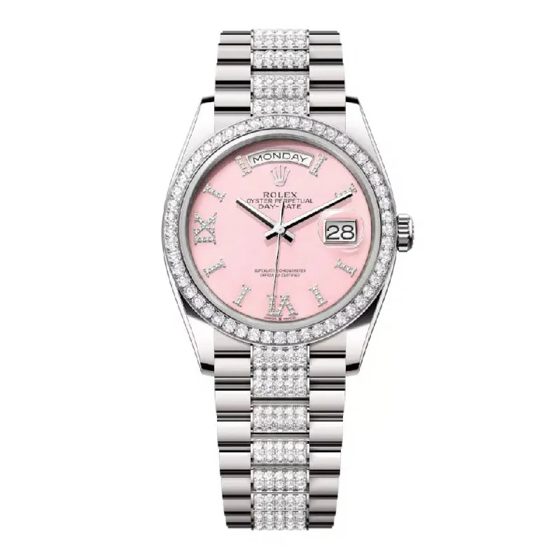 Rolex Day Date 36mm - Ref: 128349rbr-0017 - Pink Opal Diamond Dial & Diamond Bezel, 18K White Gold & Diamonds President Bracelet Watch-Rolex Explorer II 216570 Watch