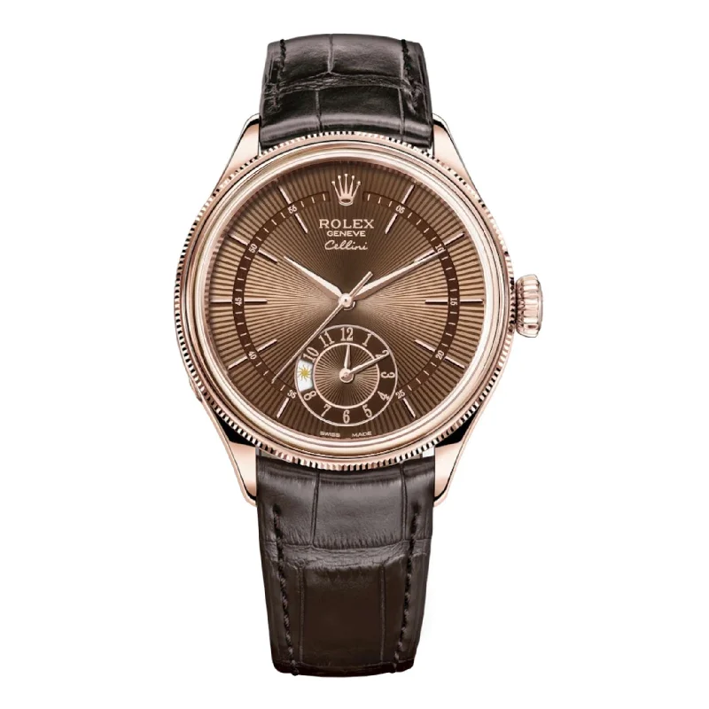 Rolex Cellini Dual Time 39mm - Ref: 50525-0015 - Brown Guilloche Index Dial, Domed & Fluted Double Bezel, 18K Rose Gold & Tobacco Brown Leather Strap Watch-Rolex Cosmograph Daytona 116515LN Rose Gold Watch