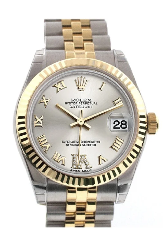 Rolex Datejust 31 Silver Roman Large VI Diamond Dial Fluted Bezel 18K Gold Two Tone Jubilee Ladies 178273 Pre-owned-Rolex Datejust 41mm Watch