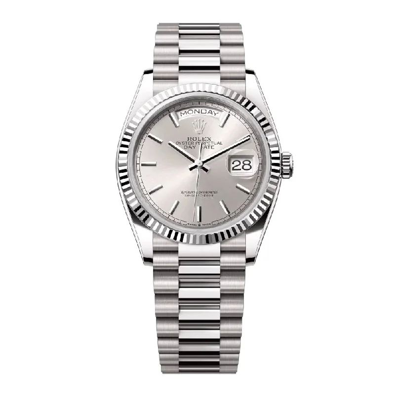 Rolex Day Date 36mm - Ref: 128239-0005 - Silver Stick Dial, 18K White Gold President Bracelet Watch-Rolex Datejust 41mm Jubilee Bracelet Watch