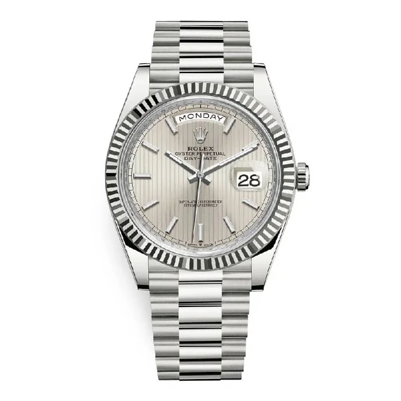 Rolex Day Date 40mm - Ref: 228239-0001 - Silver Stripe Motif Stick Dial & Fluted Bezel, 18K White Gold President Bracelet Men's Watch-Rolex Submariner 116618LN Watch