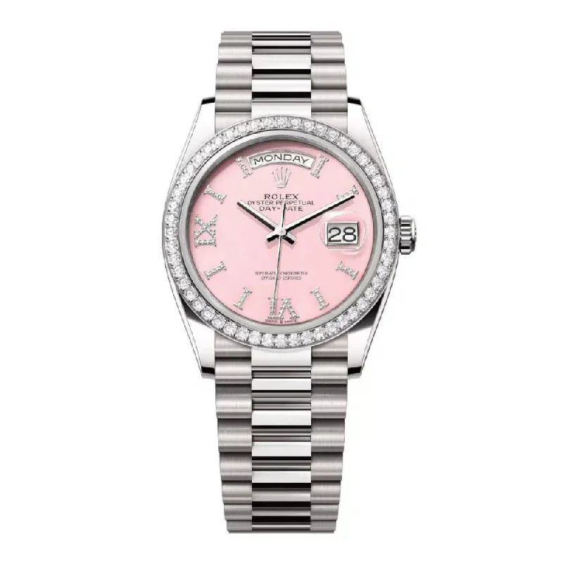 Rolex Day Date 36mm - Ref: 128349rbr-0008 - Pink Opal Diamond Dial & Diamond Bezel, 18K White Gold President Bracelet Watch-Rolex Datejust 41mm Blue Dial Watch