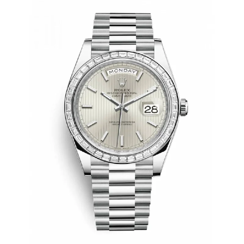 Rolex Day Date 40mm - Ref: 228396tbr-0022 - Silver Stripe Motif Stick Dial & Diamond Bezel, Platinum President Bracelet Men's Watch-Rolex Datejust Women’s Watch