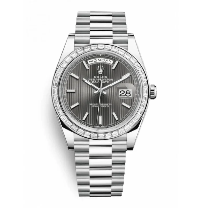 Rolex Day Date 40mm - Ref: 228396tbr-0023 - Dark Rhodium Stripe Motif Stick Dial & Diamond Bezel, Platinum President Bracelet Men's Watch-Rolex Explorer 42mm Polar Dial Watch