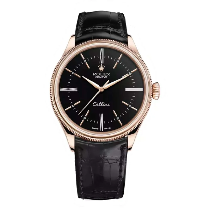 Rolex Cellini Time 39mm - Ref: 50505-0009 - Black Index & Roman Numeral Dial, Domed & Fluted Double Bezel, 18K Rose Gold & Black Leather Strap Watch-Rolex Datejust 41mm Green Dial Watch