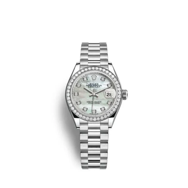 Rolex Lady-Datejust 28mm - Ref: 279136rbr-0008 - White Mother of Pearl Diamond Dial & Diamond Bezel, 18K White Gold Presidential Bracelet Women's Watch-Rolex Submariner No Date Watch