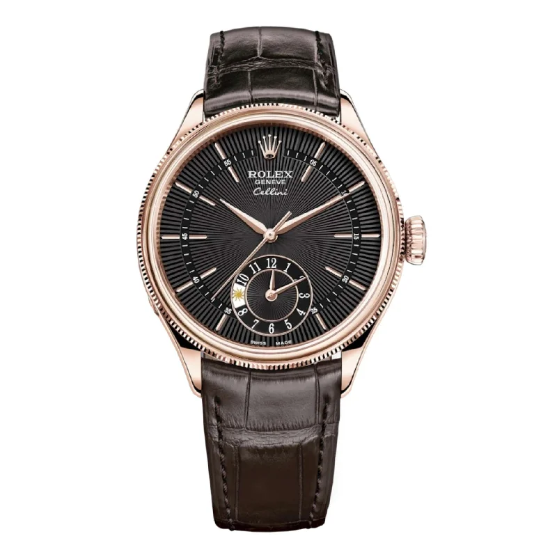 Rolex Cellini Dual Time 39mm - Ref: 50525-0010 - Black Guilloche Index Dial, Domed & Fluted Double Bezel, 18K Rose Gold & Tobacco Brown Leather Strap Watch-Rolex Milgauss 116400GV Z-Blue Watch