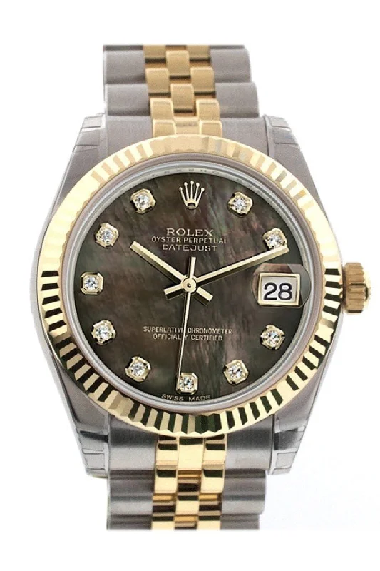 Rolex Datejust 31 Black Mother of Pearl Diamonds Dial Fluted Bezel 18K Gold Two Tone Jubilee Ladies 178273 Pre-owned-Rolex Oyster Perpetual 36mm Watch