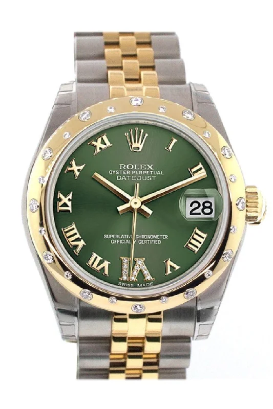 Rolex Datejust 31 Olive Green Roman Large VI Diamond Dial Diamond Bezel 18K Gold Two Tone Jubilee Ladies 178343 Pre-owned-Rolex Yacht-Master 40mm Everose Gold Watch