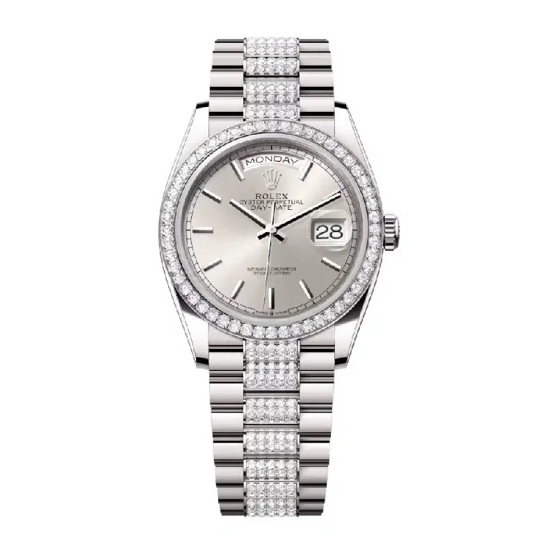 Rolex Day Date 36mm - Ref: 128349rbr-0013 - Silver Stick Dial & Diamond Bezel, 18K White Gold & Diamonds President Bracelet Watch-Rolex Yacht-Master 40mm Diamond Dial Watch