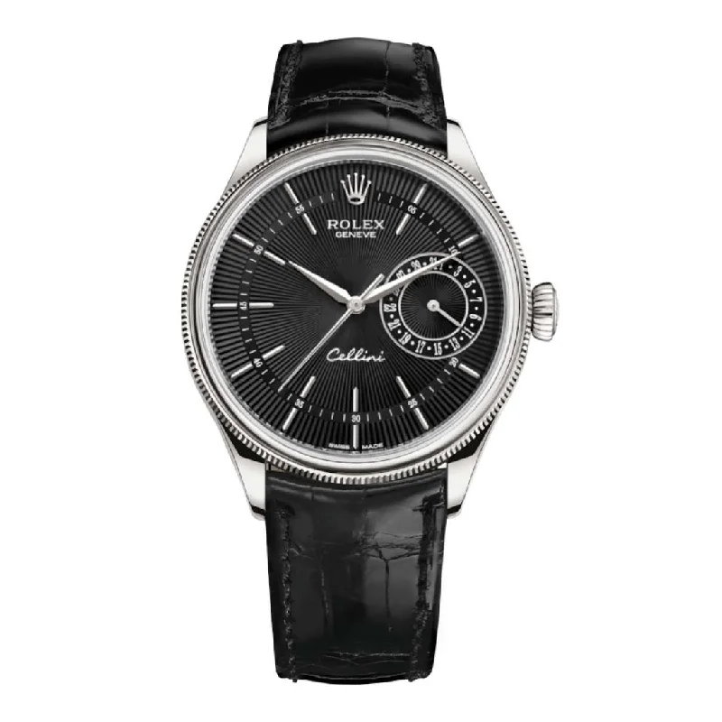 Rolex Cellini Date 39mm - Ref: 50519-0007 - Black Guilloche Index Dial, Domed & Fluted Double Bezel, 18K White Gold & Black Leather Strap Watch-Rolex Explorer 39mm Watch Sale