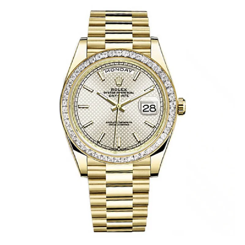 Rolex Day Date 40mm - Ref: 228398tbr-0005 - Silver Diagonal Motif Stick Dial & Diamond Bezel, 18K Yellow Gold President Bracelet Men's Watch-Rolex Explorer II Men’s Watch