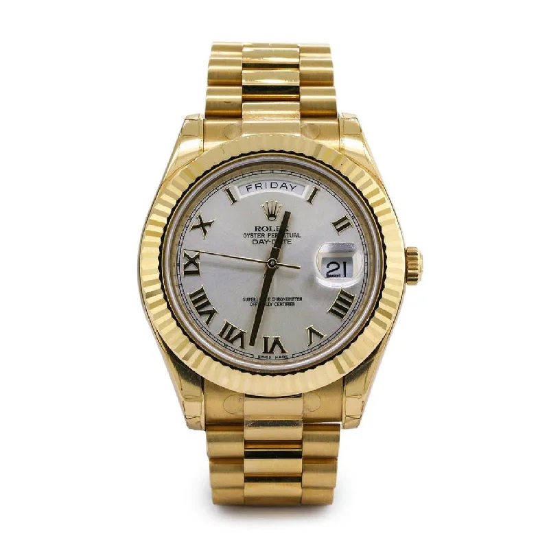 Rolex Day Date II 41mm - Ref: WAT-165011 - White Roman Dial & Fluted Bezel, 18K Yellow Gold President Bracelet Men's Watch-Rolex Submariner Ceramic Bezel Watch