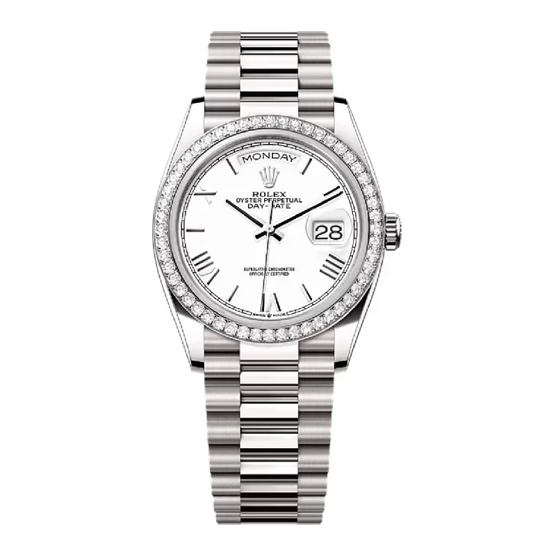 2024 Release Rolex Day-Date 36 mm | 18k white gold President bracelet | White dial Diamond bezel | Men's Watch 128349RBR-Rolex Day-Date 36mm Diamond Dial Watch