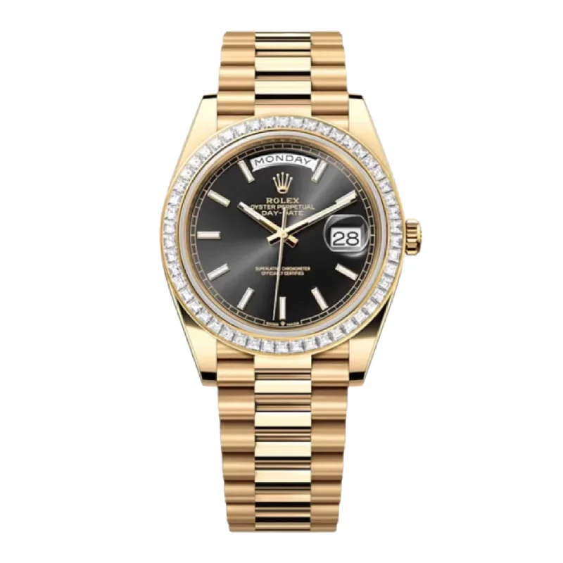 Rolex Day Date 40mm - Ref: 228398TBR - Black Stick Dial & Diamond Bezel, 18K Yellow Gold President Bracelet Men's Watch-Rolex Datejust 41mm Black Dial Watch